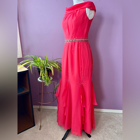 Bright pink cowl neck sleeveless evening gown with rhinestones - Picture 2 of 9